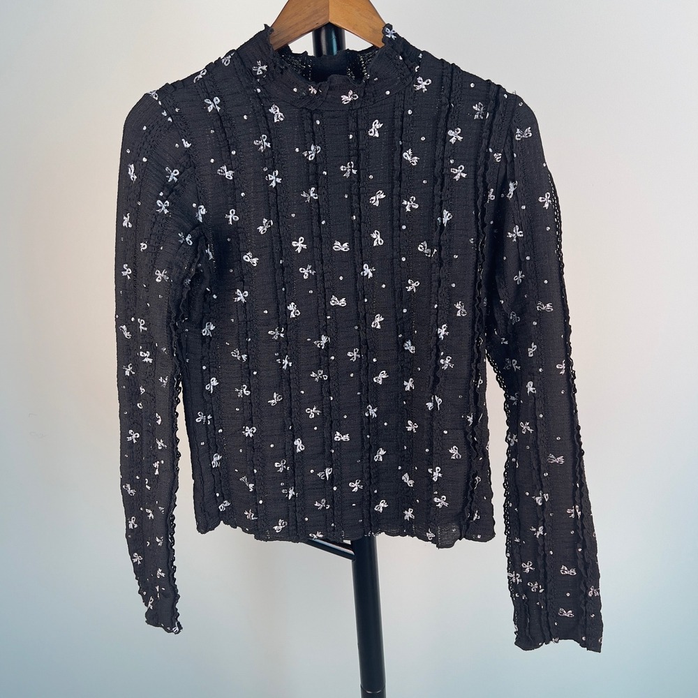 Umgee Black Bow Print Ruffle Lace Mock Neck Long Sleeve Top Medium Whimsygoth